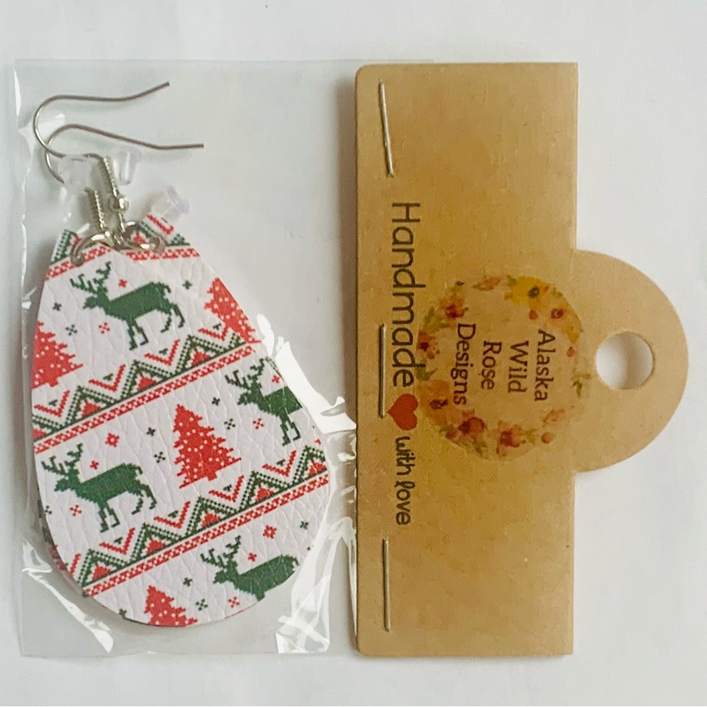 Christmas Reindeer & Trees  Faux Leather Handmade Teardrop Earrings NWT